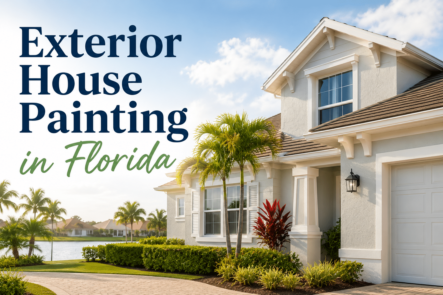 A painted modern home with palm trees, along with the text, "Exterior House Painting in Florida."