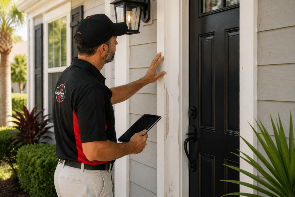 Professional painter inspecting weathered exterior trim around a home's front entrance.