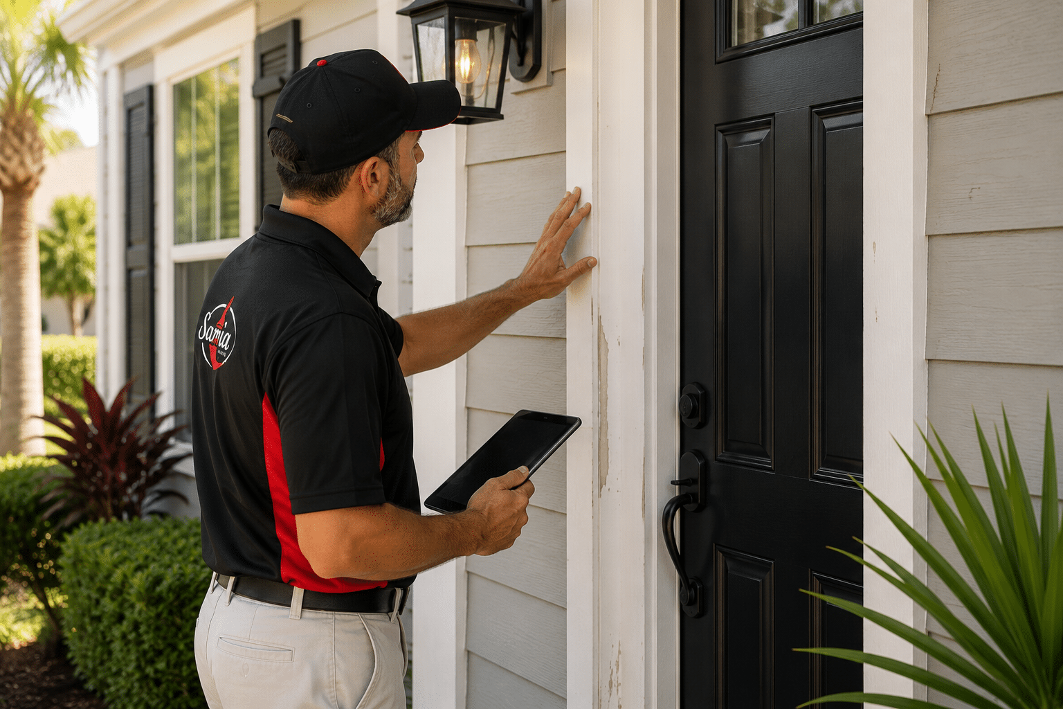 Professional painter inspecting weathered exterior trim around a home's front entrance.