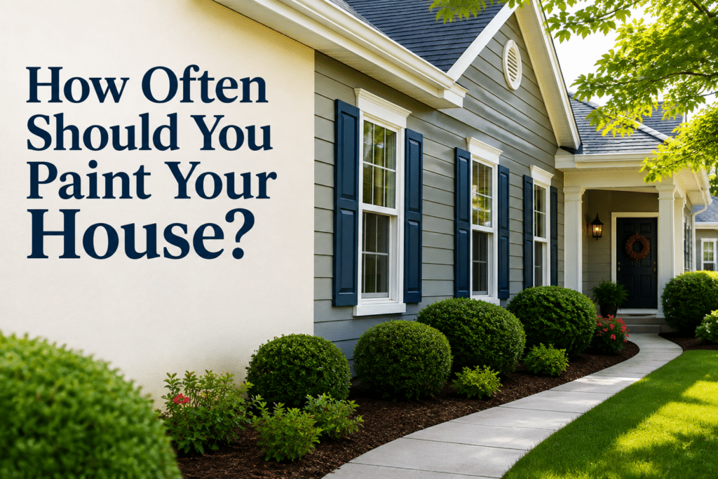 Exterior of a well-maintained home with fresh paint and landscaping, along with the words "How Often Should You Paint Your House?"