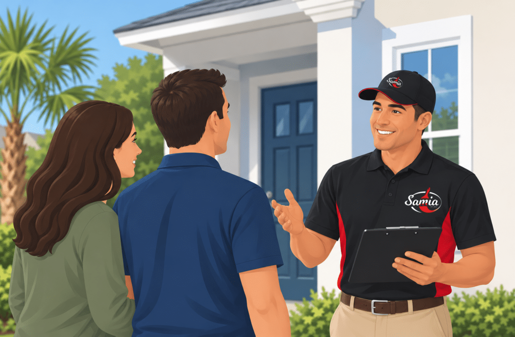 Professional painting contractor with a clipboard speaking to homeowners outside a residence.