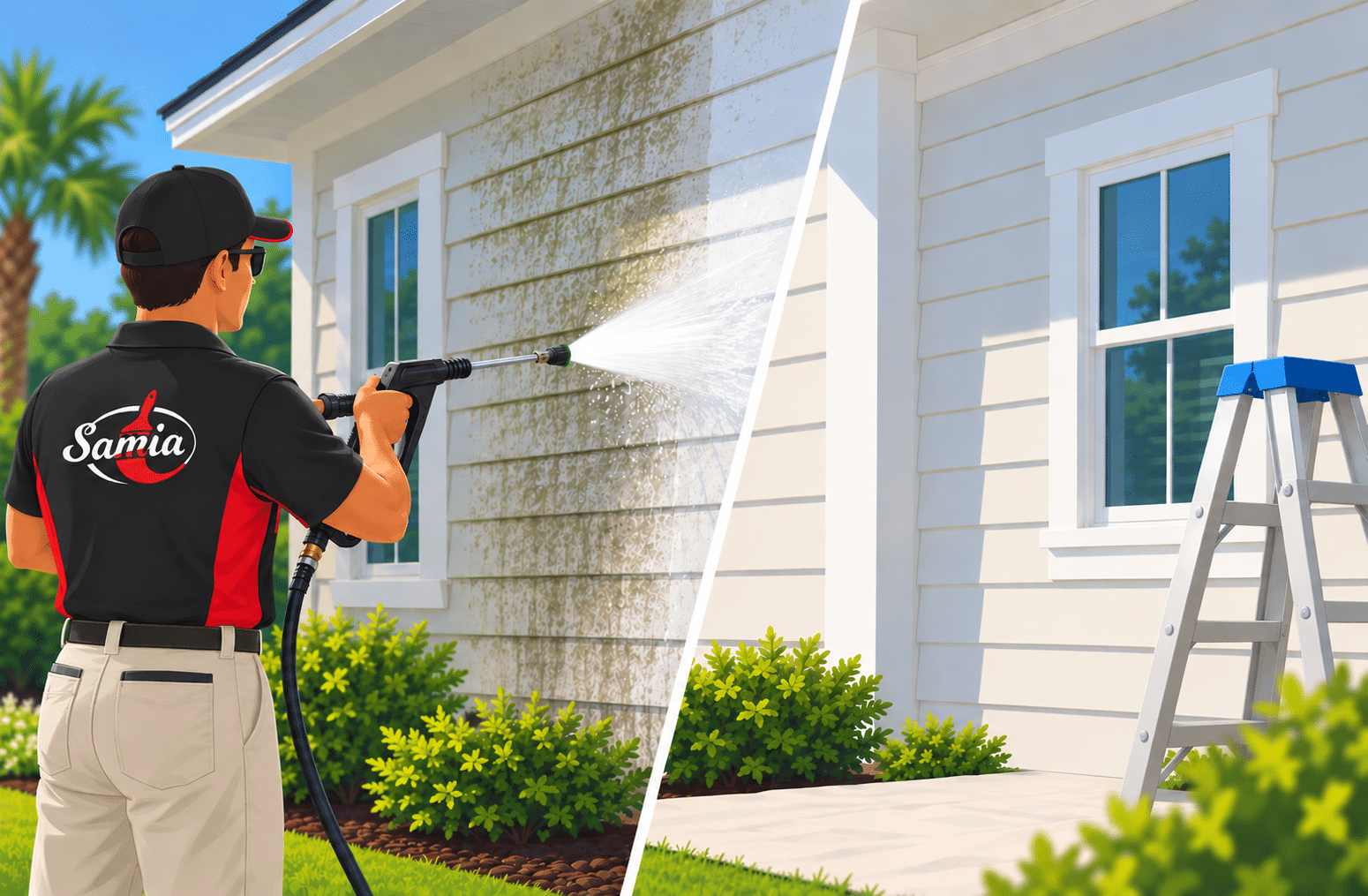 A split-screen comparison: on the left, a Samia Painting contractor pressure washing mold and dirt off house siding; on the right, the clean, washed siding prepared for painting.