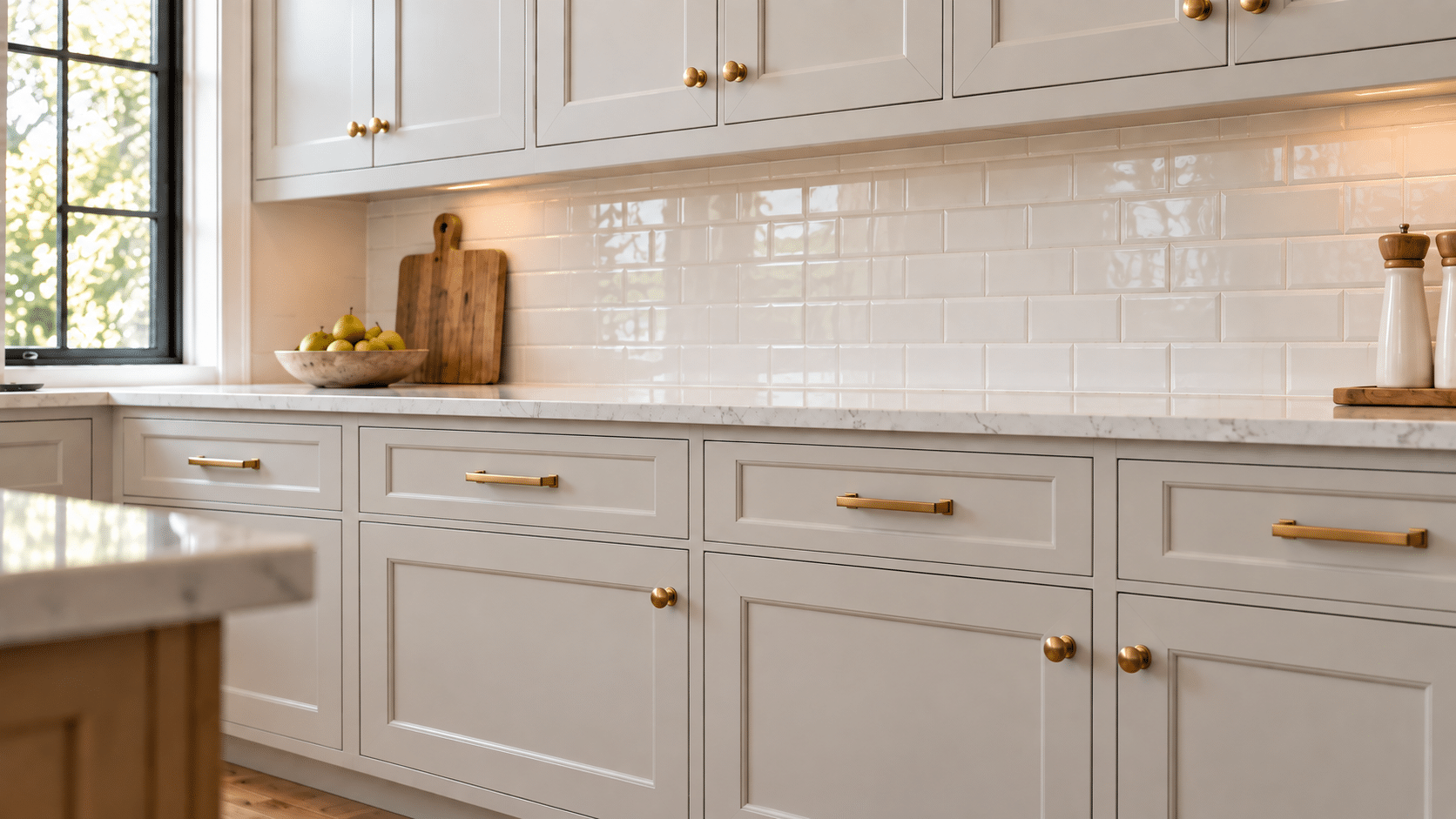 Brightly lit kitchen featuring greige Shaker-style cabinets with brass hardware, marble countertops, and a white subway tile backsplash.